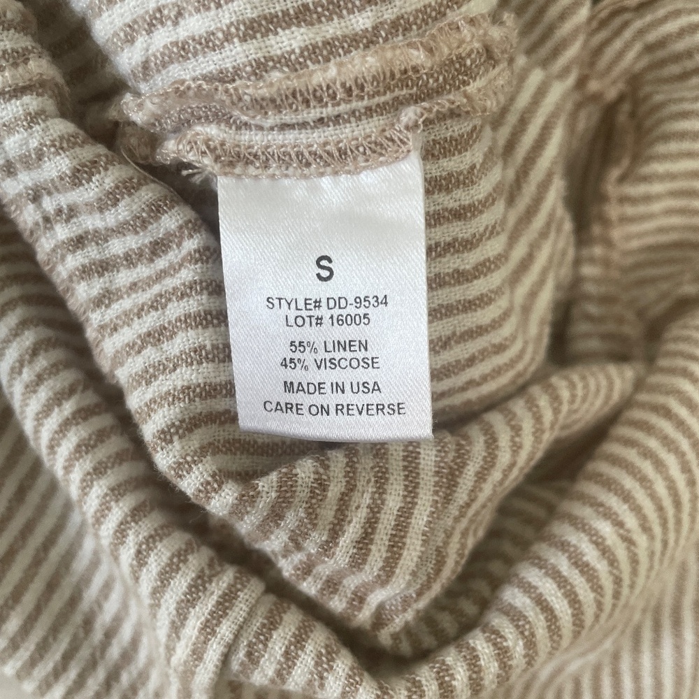 INTERMIX Linen Blended Pinstriped Beige/Cream, One Shoulder Ruffle Romper, Small - Picture 10 of 16